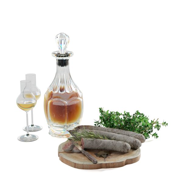 香肠，橄榄油，迷迭香叶放在木砧板上，3d渲染图片下载