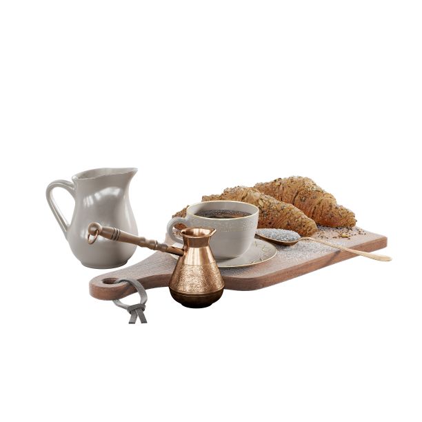 两个茶壶旁边有一个水罐和一个装有羊角包的盘子，3d渲染图片下载