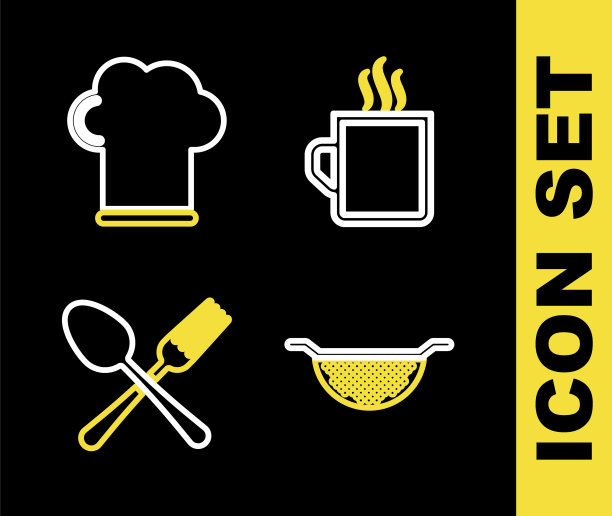 套装咖啡杯，厨房滤器，交叉叉勺和厨师帽图标。向量图片下载