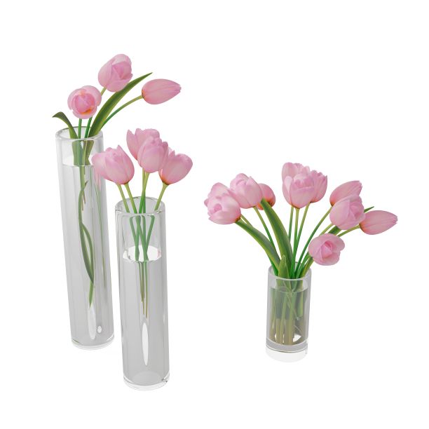 粉红色的花朵在玻璃花瓶里，3d渲染图片下载