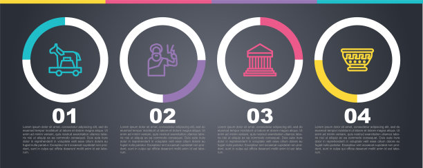 设线特洛伊木马、宙斯、帕台农神庙和希腊古碗。业务信息图模板。向量图片下载