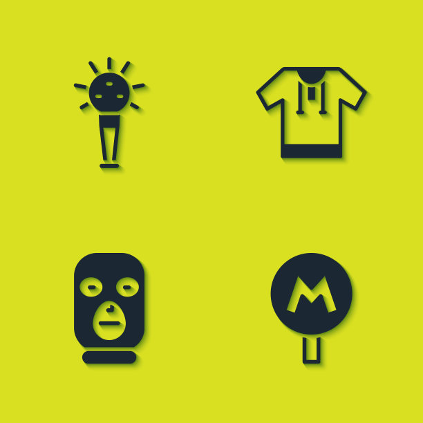 设置狼牙棒，地铁或地下，小偷面具和刺绣衬衫图标。向量图片下载