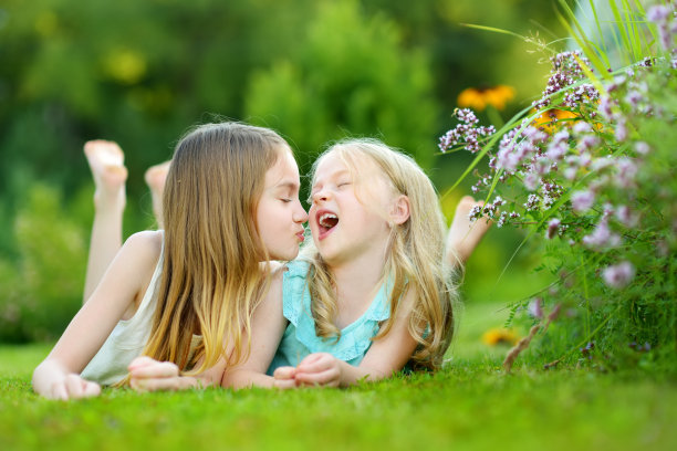 两个可爱的小姐妹在一个阳光明媚的夏日一起在草地上玩耍。图片下载