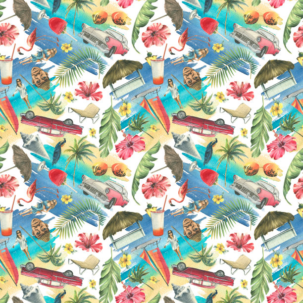 古巴印花，复古汽车，棕榈树，粉色火烈鸟，大海，沙子，贝壳，花朵。水彩插图。明亮，海滩无缝模式的面料，纺织品，壁纸，服装配件图片下载