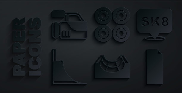 设置滑板公园，滑板，抓地力胶带滑板，车轮和影院相机图标。向量图片下载