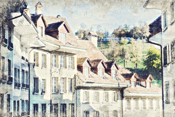 瑞士首都伯尔尼的城市景观的Impasto油画。图片下载