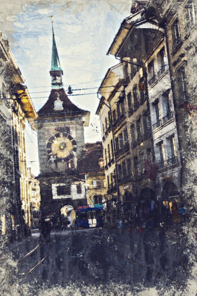 瑞士首都伯尔尼的城市景观的Impasto油画。图片下载