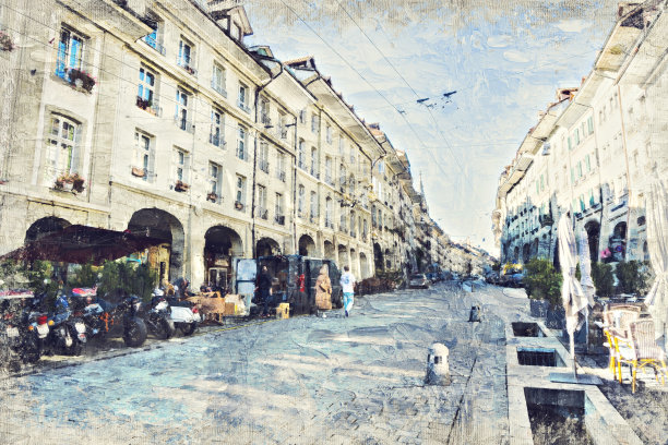 瑞士首都伯尔尼的城市景观的Impasto油画。图片下载