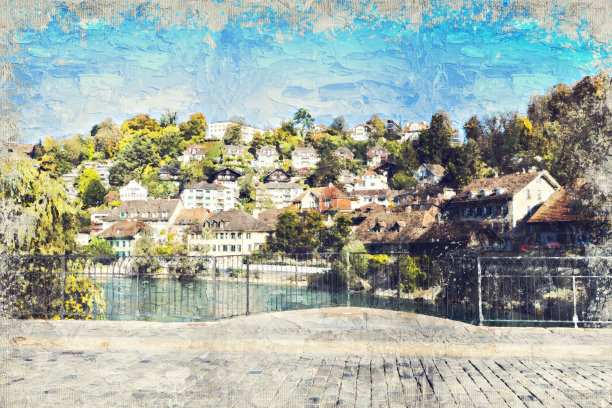 瑞士首都伯尔尼的城市景观的Impasto油画。图片下载
