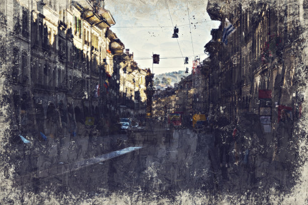 瑞士首都伯尔尼的城市景观的Impasto油画。图片下载