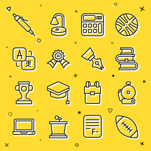 设定线美式足球，响铃，书，计算器，奖章，翻译，钢笔和自来水笔笔尖图标。向量图片下载