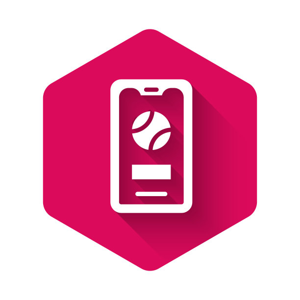 白色智能手机，屏幕上的棒球图标与长阴影背景隔离。在线棒球游戏的手机。粉色六角形按钮。向量图片下载