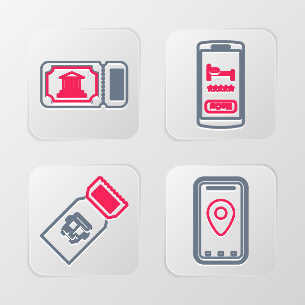 设置线路信息图的城市地图，公交车票，在线酒店预订和博物馆图标。向量图片下载