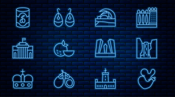 套装线西班牙酒皮，阿尔加瀑布，特内里费音乐厅，橙子水果，普拉多博物馆，橄榄罐，欧洲之门和耳环图标。向量图片下载