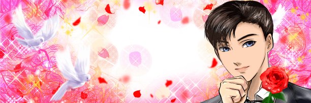 Shoujo漫画风格的宽幅插图，一个黑头发的英俊男孩，一只手拿着红玫瑰，温柔地微笑着邀请他。图片下载