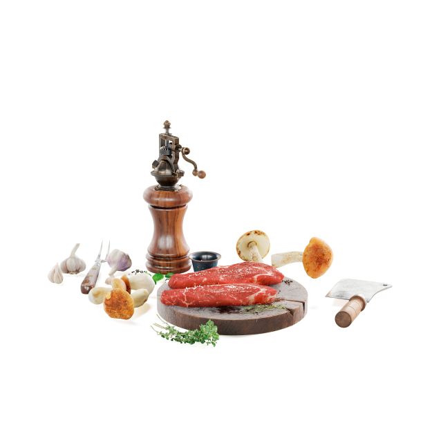 肉和蔬菜在砧板上烤，3d渲染图片下载