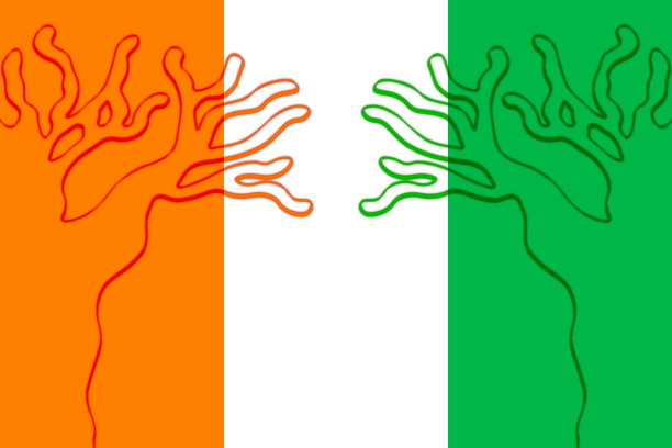 象牙海岸，印在科特迪瓦国旗上的猴面包树剪影，橙色、白色和绿色，插图图片下载