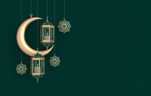 金色的灯笼和新月，绿色背景上的星星为穆斯林节日斋月。传统的伊斯兰宗教符号图片下载
