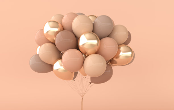 一堆闪闪发光的金色和米黄色气球。为生日、派对、促销社交媒体横幅、海报腾出空间。三维渲染气球背景图片下载