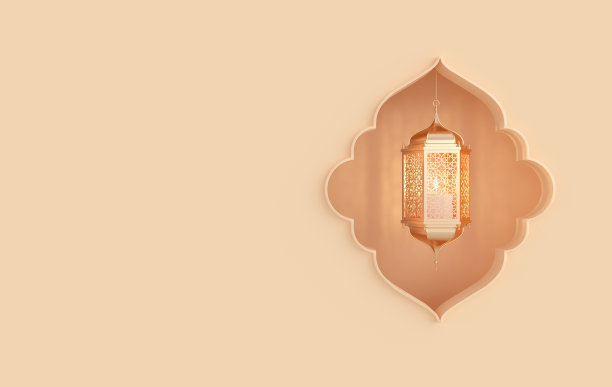 米色灯笼与蜡烛，灯与阿拉伯装饰，窗户。斋月或eid al fitr adha庆典。三维渲染内墙图片下载