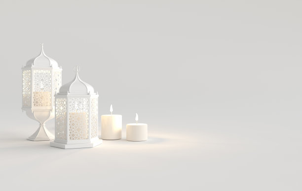 白色灯笼配蜡烛，阿拉伯装饰的灯，阿拉伯风格的设计。概念的伊斯兰庆祝节日斋月卡里姆或eid al fitr adha。三维效果图图片下载
