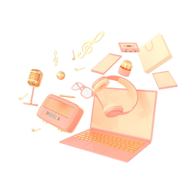 笔记本电脑，智能手机，购物袋，眼镜，麦克风，收音机，耳机3d渲染隔离在白色背景上图片下载