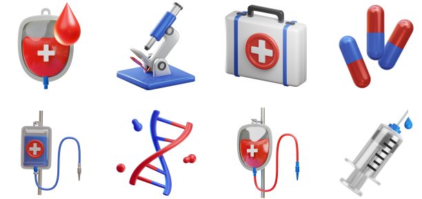 3D医疗图标集急救箱血袋药丸DNA链显微镜注射器输液袋药房医疗UX UI网页设计元素3D渲染插图图片下载