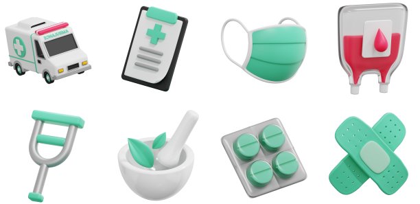 3D医疗图标设置救护车腿拐杖药片血袋健康报告绷带医院急救药房药品UX UI网页设计元素3D渲染插图图片下载