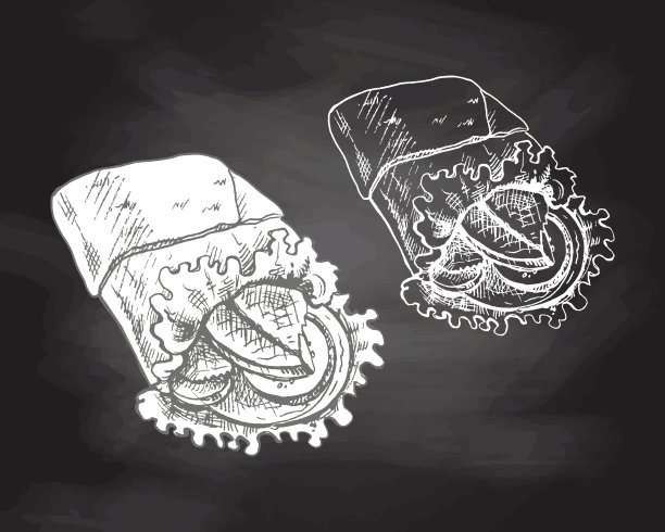 手绘素描风格的卷饼包裹与蔬菜和肉块隔离在黑板背景。快餐插画。古董画。用于标签、包装和明信片设计的元素。图片下载