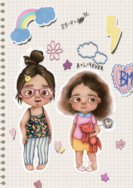 一套两个女婴水彩插图回学校贴纸图片下载