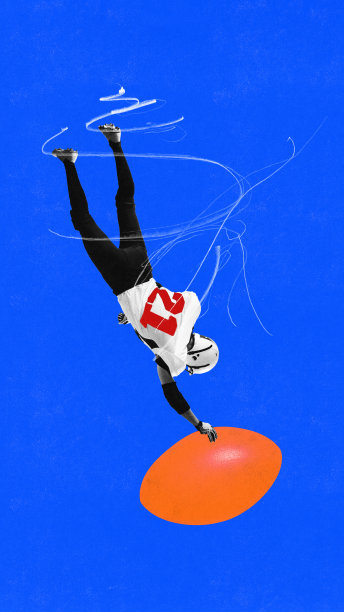 男性职业美式橄榄球运动员在蓝色背景下接住运动中的球。当代艺术拼贴。鲜艳的色彩设计。图片下载