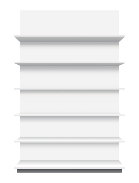 商店的货架上。超市橱窗模板。套白色空零售货架架。模型准备为您的设计。白色背景隔离图片下载