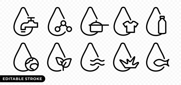 水滴与水龙头，分子，平底锅，t恤和塑料瓶符号矢量图标。可编辑的笔画图标水滴和行星，植物，波，草和鱼的标志图片下载