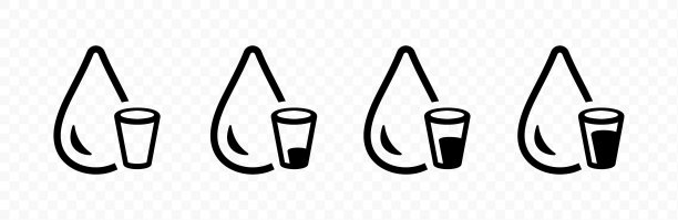 一滴水与一个空的，满的和几乎装满的杯子的液体矢量图标。水滴和玻璃杯的图标图片下载