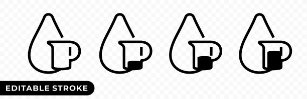 一滴水与一个空的，满的，几乎填满的玻璃罐液体矢量图标。水滴和玻璃水罐的可编辑笔画图标图片下载