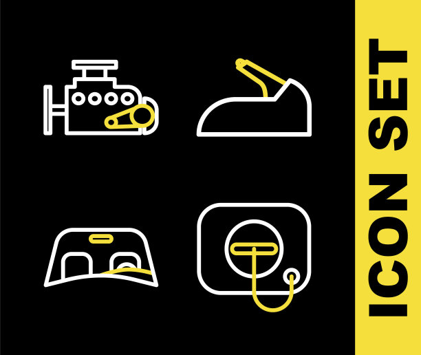 设置线汽车手刹，加油站加油盖，挡风玻璃和发动机图标。向量图片下载