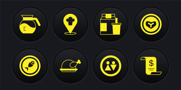 盘上的鱼，牛排肉，烤火鸡或鸡肉，厕所，网上订购和送货，厨师帽子与位置，纸财务支票和咖啡壶图标。向量图片下载