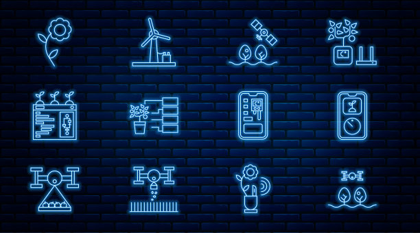 智能农场集无人机、农业技术、花卉分析、控制系统和风力涡轮机图标。向量图片下载