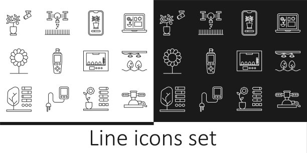 设置流水线自动灌溉洒水装置，带球茎和植物的智能农场，控制耕作系统，便携式传感器，花卉，技术，孵卵器和无人机图标。向量图片下载