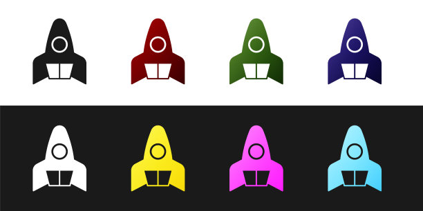 设置火箭船图标隔离在黑色和白色背景。太空旅行。向量图片下载