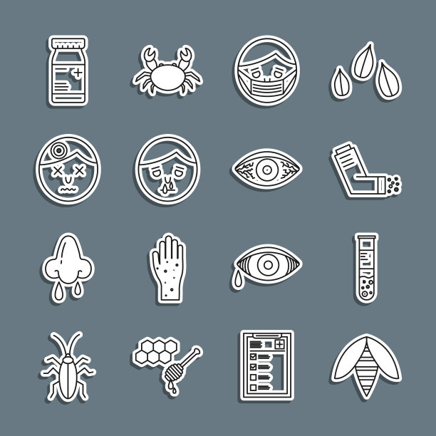 设置线蜂，试管和烧瓶，吸入器，面部防护口罩，流鼻涕，头痛，药瓶药丸和红眼睛过敏性结膜炎图标。向量图片下载