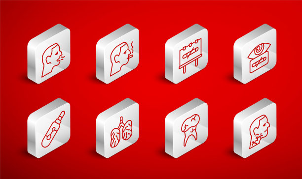 设定线喉癌，吸烟的人，不，催眠，牙齿龋齿，咳嗽，疾病肺和电子图标。向量图片下载