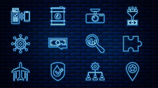 设置线路位置与星星，拼图，汽车DVR，现金返还，项目管理，POS终端，放大镜和分析和桶油图标。向量图片下载