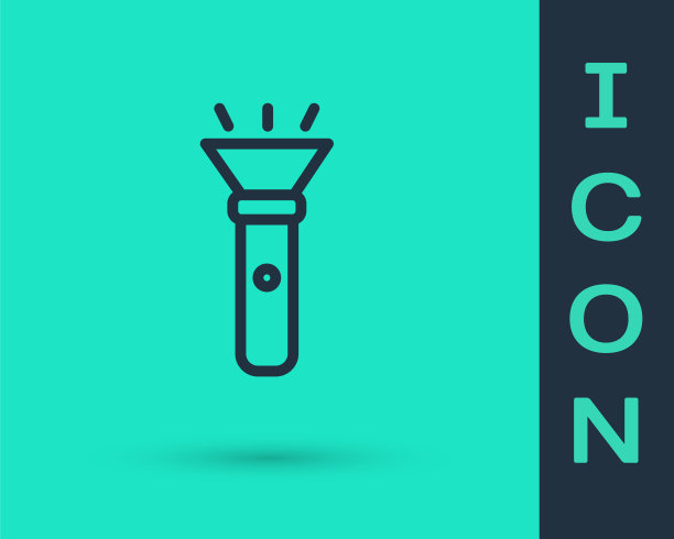 黑线手电筒图标孤立在绿色背景。向量图片下载