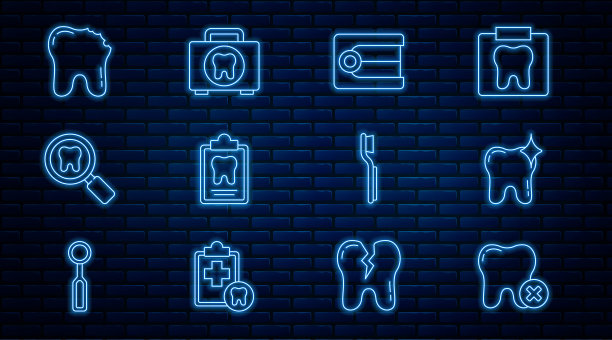 设置线牙齿与龋齿，美白，假牙模型，牙卡，搜索，断牙，牙刷和急救箱图标。向量图片下载