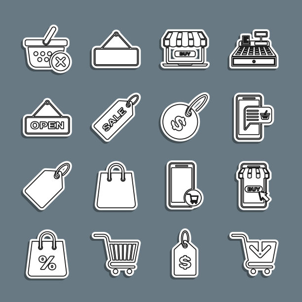 设置行添加到购物车，移动和购物，篮子，在线，价格标签与销售，挂标志开门，删除和美元图标。向量图片下载