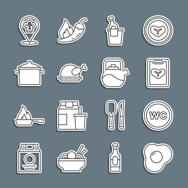 集线炒鸡蛋，厕所，餐厅咖啡菜单，香槟在冰桶，烤火鸡或鸡，烹饪锅，厨师帽子与位置和水壶把手图标。向量图片下载