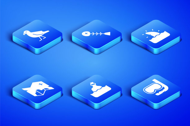 设置潜水面罩和通气管，鸟海鸥，瓶子与信息水，海盗藏宝图，死鱼和鲨鱼鳍海浪图标。向量图片下载