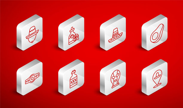 设定线墨西哥宽边帽，龙舌兰瓶柠檬，鳄梨水果，摔跤手，和摔跤冠军腰带图标。向量图片下载