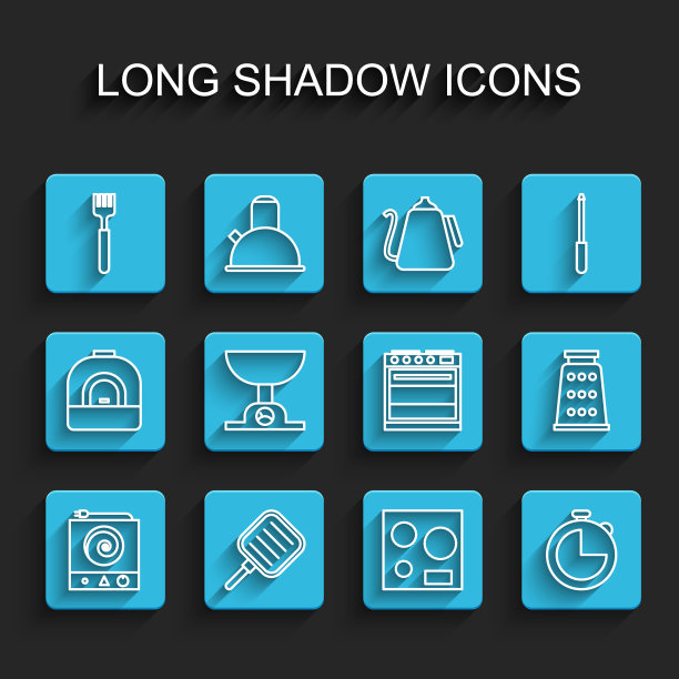 设置线电炉，煎锅，叉子，厨房定时器，电子秤，磨丝机和烤箱图标。向量图片下载